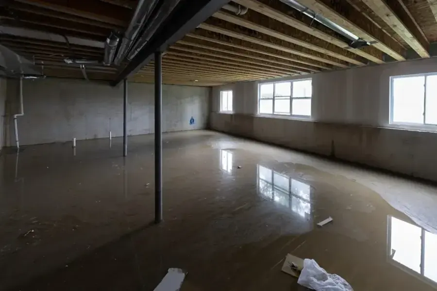 Wet reflective floor in a Natick building after a New England water loss