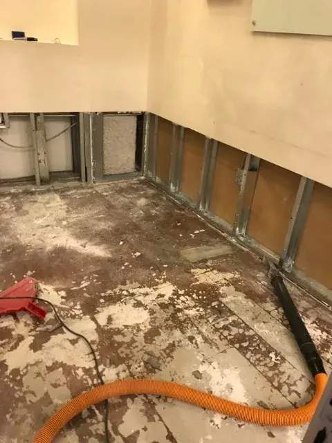 Water damage along a wall from an ice dam roof leak in Natick
