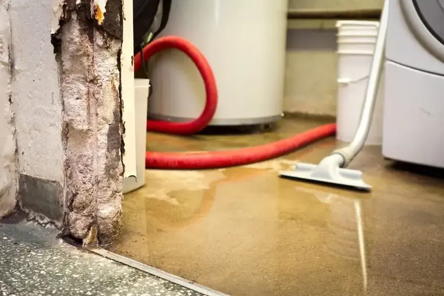 Water heater leaking onto the floor with an extraction hose in Natick